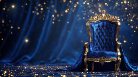 An exquisite throne chair in royal blue velvet features intricate gold accents, set against a dazzling sparkling background. Perfect for luxury decor.の素材