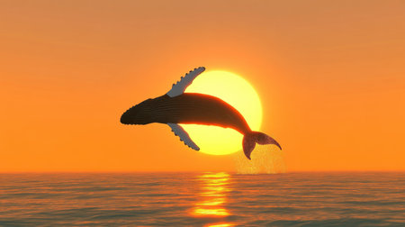 A majestic whale leaps against a stunning sunset backdrop, creating a breathtaking silhouette above the calm ocean waves. This scene captures the beauty of wildlife in nature, embodying serenity and the adventure of ocean exploration.の素材