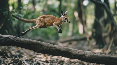 A kangaroo leaps gracefully through a serene forest, showcasing its natural agility and elegance within a lush green environment illuminated by soft sunlight.の素材