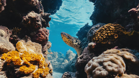 Experience the beauty of an underwater paradise as a green moray eel gracefully navigates through a vibrant coral reef teeming with life.の素材