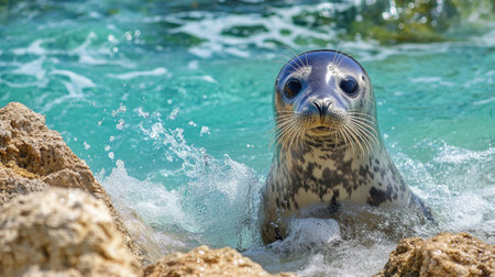 A curious seal emerges from the clear blue water, surrounded by rocks, creating a beautiful, serene aquatic scene in its natural marine habitat.の素材