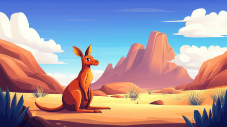 This vibrant illustration features a kangaroo seated in a serene desert landscape. The bright sky and rocky mountains create a peaceful outdoor scene, perfect for nature enthusiasts.の素材