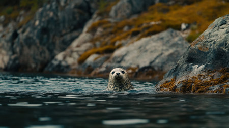 A curious seal emerges from the water near a rocky shore, showcasing its beautiful fur and serene environment. The calm water and scenic backdrop highlight natureの素材