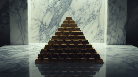 A stunning composition featuring a pyramid of gleaming gold bars, meticulously arranged on an exquisite marble surface, reflecting dramatic lighting.の素材