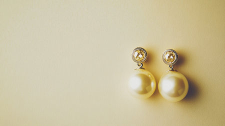 Stunning gold and pearl earrings displayed on a soft yellow background, perfect for highlighting elegance and sophistication in fashion accessories.の素材