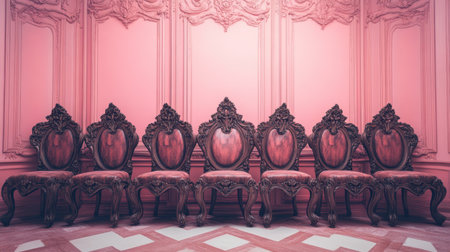 A stunning arrangement of vintage ornate chairs set against a luxurious pink wall featuring intricate designs, perfect for adding elegance to any interior space.の素材