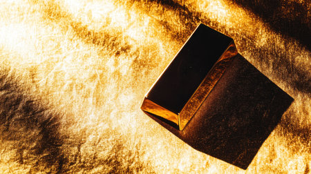 A stunning golden bar rests on a shiny metallic surface, casting dramatic shadows and reflections in warm light, creating a luxurious atmosphere.の素材