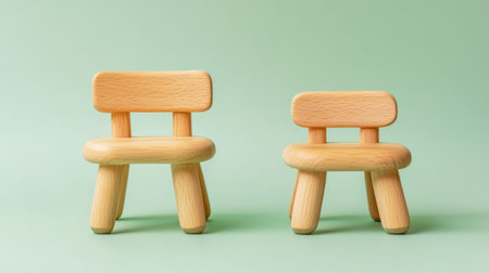 This image features two charming wooden toy chairs, varying in size, set against a soft green background. Ideal for childrenの素材