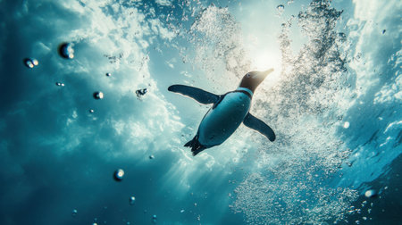 A stunning underwater view of a penguin gracefully swimming through vibrant blue water, illuminated by sunlight breaking the surface, creating a serene atmosphere filled with bubbles.の素材