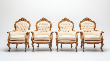 Four elegant vintage chairs featuring intricate woodwork and cream upholstery, perfect for adding a touch of luxury and timeless style to any interior space.の素材