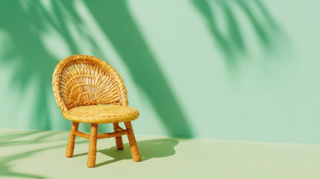 A stunning minimalist wicker chair set against a soft pastel green wall, casting playful shadows that evoke a warm and inviting atmosphere. Perfect for modern decor.の素材