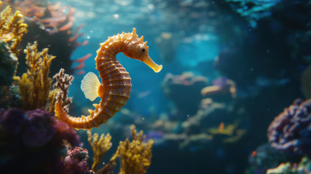This stunning underwater image captures a seahorse gracefully swimming among a colorful coral reef. The vibrant marine life and serene blue waters create a mesmerizing scene, showcasing the beauty of ocean ecosystems.の素材