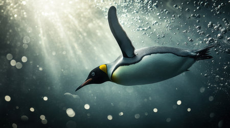 An enchanting scene of an emperor penguin gliding through the serene underwater world, illuminated by sunlight, creating a captivating atmosphere.の素材