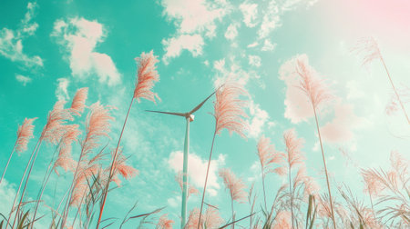 A beautiful wind turbine stands amidst tall grasses under a vibrant blue sky filled with soft clouds. This scene captures the harmony between technology and nature, symbolizing sustainable energy solutions.の素材