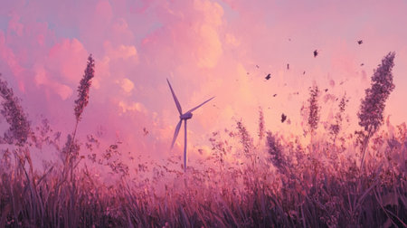 A breathtaking view of a wind turbine set against a vibrant sunset sky, surrounded by lush grass and gentle clouds, showcasing the beauty of nature and renewable energy.の素材
