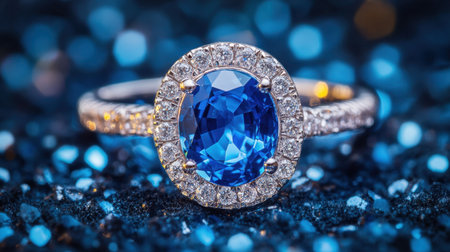 A stunning blue sapphire ring is showcased with diamond accents, creating an exquisite piece perfect for luxury jewelry collections and special occasions.の素材
