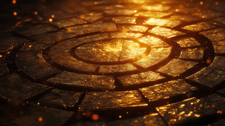 This image features a glowing circular pattern of wet stones, reflecting warm light and creating a mysterious ambiance, ideal for artistic projects.の素材