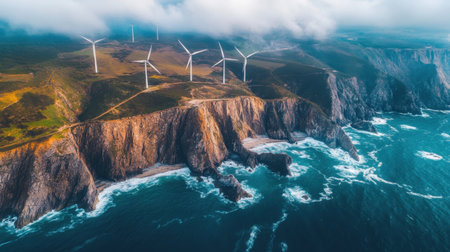 This stunning aerial image showcases a rugged coastal cliff with wind turbines standing tall against a backdrop of turquoise waves and misty clouds, emphasizing the beauty of nature and renewable energy integration in scenic landscapes.の素材