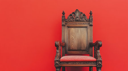This striking image features an ornate wooden chair set against a bold red wall, ideal for showcasing vintage decor and interior design ideas.の素材