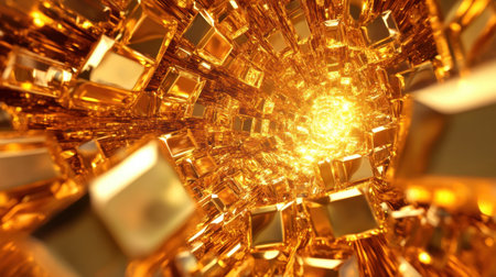 This mesmerizing abstract image features a spiraling tunnel constructed from glimmering golden cubes, radiating warmth and light, perfect for creative projects.の素材