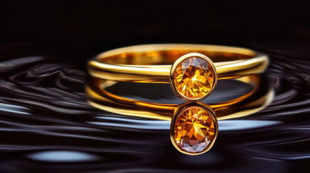 A stunning golden ring featuring a vibrant orange gemstone, perfectly reflecting in dark water, symbolizes elegance and exquisite craftsmanship in jewelry.の素材