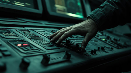 A hand interacts with a sophisticated control panel in a dimly lit environment, showcasing modern technology and precise adjustments in action.の素材
