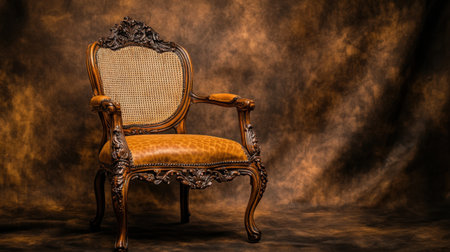 This exquisite vintage chair showcases intricate wood carvings and luxurious upholstery, perfect for adding a touch of elegance to any interior dの素材