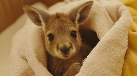 This enchanting image captures a baby kangaroo wrapped snugly in a soft blanket, radiating warmth and cuteness. The animal's large eyes and gentle expression evoke feelings of comfort and joy.の素材