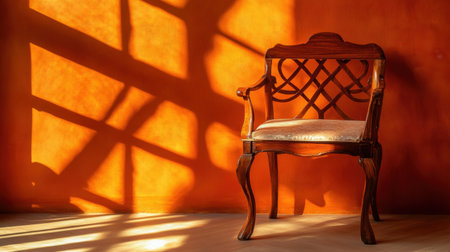 This image features an elegant antique chair placed against a vibrant orange wall. Soft shadows and warm light create a captivating atmosphere, showcasing the beauty of vintage style in interior decor.の素材