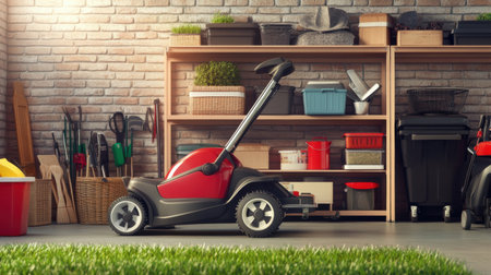 A sleek electric lawn mower rests in a modern garage, surrounded by organized gardening tools and supplies, emphasizing efficiency and practicality in lawn care.の素材