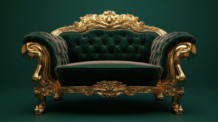 This stunning vintage couch features a rich green fabric with intricate gold accents, perfect for adding a touch of elegance to any interior space.の素材