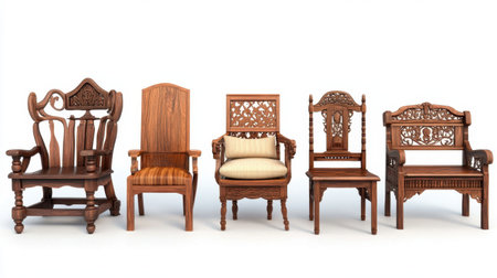 This stunning collection of elegant wooden chairs showcases intricate designs and varied styles, perfect for enhancing home decor and furniture projects.の素材
