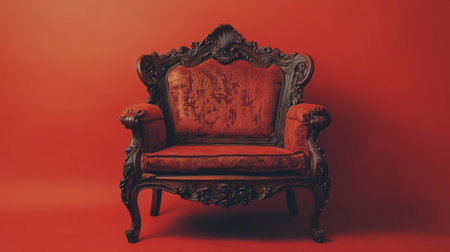 Discover a stunning vintage armchair, featuring intricate wooden details and rich red upholstery, set against a vibrant orange backdrop, perfect for stylish interiors.の素材