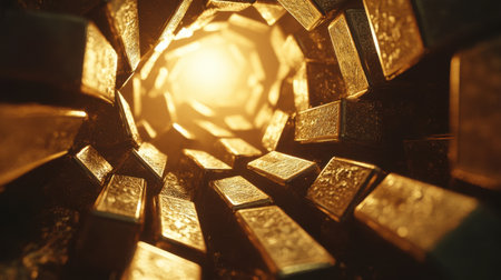 A captivating perspective view of gleaming gold bars arranged within a circular tunnel, radiantly illuminated by warm light, symbolizing wealth and luxury.の素材