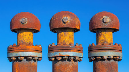 Close-up image of three rusty industrial pipes with rounded dome caps set against a bright blue sky. The texture and color contrast create an engaging visual.の素材