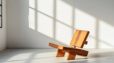 A stylish wooden chair positioned in a bright, sunlit room, showcasing strong lines and light shadows. Ideal for design and interior inspiration.の素材