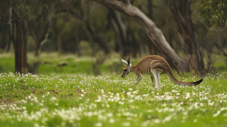 A solitary kangaroo is seen grazing in a vibrant green meadow filled with wildflowers, showcasing the beauty of natural wildlife in Australia.の素材