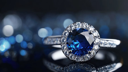 This exquisite blue sapphire engagement ring showcases a brilliant round gemstone surrounded by sparkling diamonds, perfect for expressing love and commitment.の素材