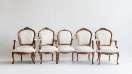 A collection of four elegant vintage armchairs showcasing exquisite French style and intricate decorative upholstery, perfect for enhancing interior spaces with sophistication.の素材