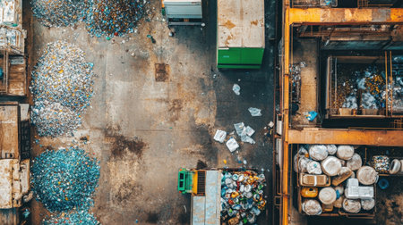 This aerial image showcases a waste management facility filled with various piles of trash and recycling materials, highlighting urban waste practices.の素材