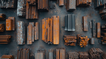 This aerial image captures a variety of raw industrial steel and metal materials arranged in a storage yard, ideal for construction or manufacturing projects.の素材