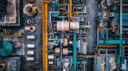 This aerial photograph displays a modern industrial facility filled with various machinery and equipment, highlighting the complexity of urban manufacturing processes.の素材