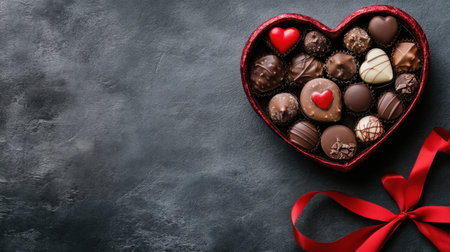A heart-shaped box brimming with assorted chocolates, featuring red decorations and a soft red ribbon, set against a textured dark background. Perfect for romantic celebrations.の素材