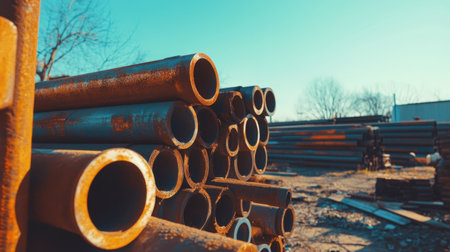 A captivating view of rusted steel pipes stacked on a construction site, showcasing industrial materials under a bright blue sky and warm sunlight.の素材