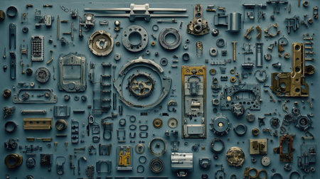 This intricate flat lay showcases a diverse collection of mechanical components arranged meticulously on a blue background, ideal for industrial design and inspiration.の素材