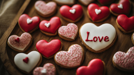 A delightful assortment of heart-shaped cookies featuring vibrant red and pink icing, perfect for celebrating love, romance, or special occasions.の素材