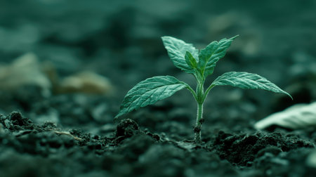 A delicate green plant emerges from rich dark soil, symbolizing new beginnings and the beauty of nature. This image captures the essence of growth and renewal, evoking themes of sustainability and care for the environment. Perfect for eco-friendly projects or gardening resources.の素材