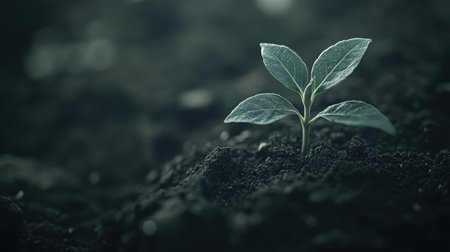 A vibrant green plant emerges from rich dark soil, symbolizing new beginnings in nature. This image captures growth, resilience, and sustainability themes, ideal for eco-friendly projects.の素材