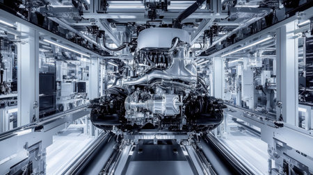 This image captures a high-tech automotive engine in a futuristic production facility, highlighting intricate machinery and advanced engineering design.の素材