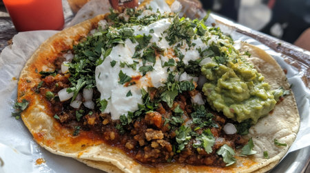 A tempting taco filled with flavorful ingredients, topped with fresh cilantro, creamy guacamole, and rich sour cream, perfect for any meal.の素材